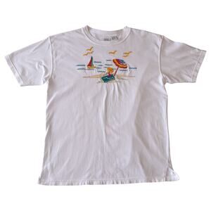 Vintage Beach Embroidered T-Shirt - Sailboat & Umbrella Summer Tee